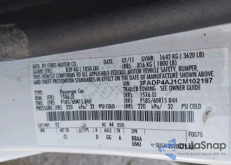 2012 Ford Fiesta S из США, поврежденный, VIN 3FADP4AJ1CM102197